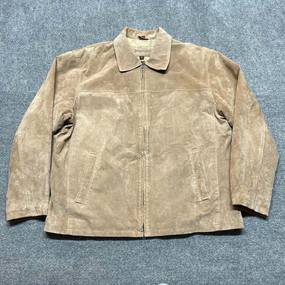 St. John's Bay Men's Suede Leather Jacket XL Tan Full Zip Map Lining